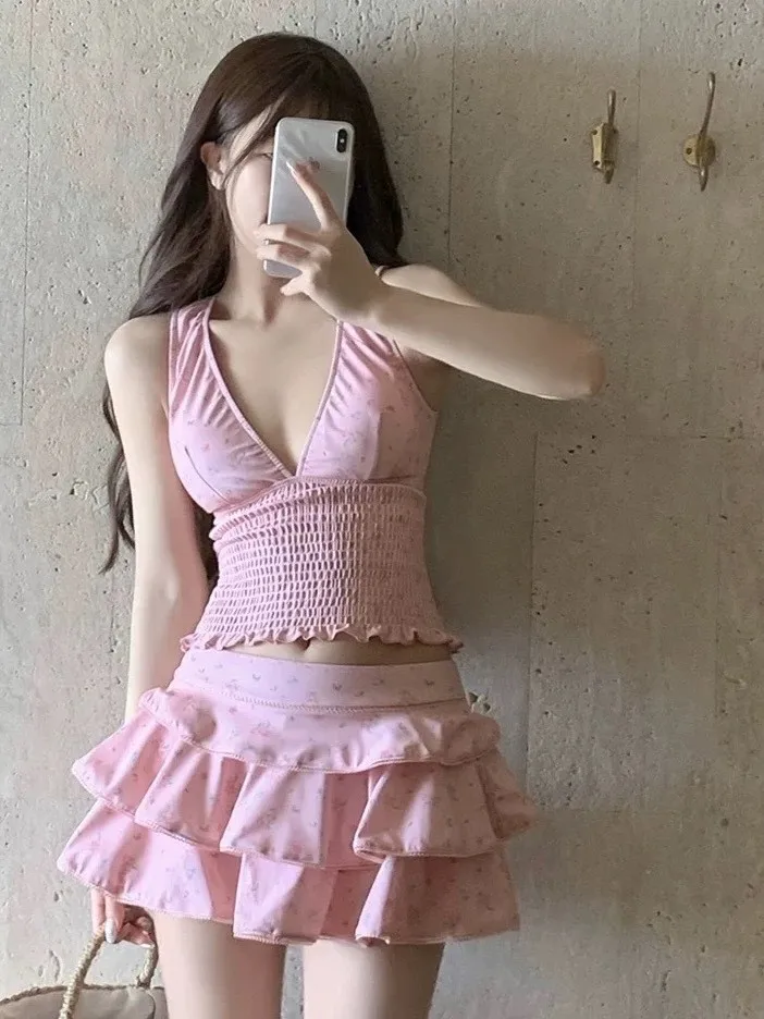 Summer Women's Clothing Slimming Tankini Swimsuit Woman Modest Skirted Bikini Sets For Woman Polyester Vintage Floral Print