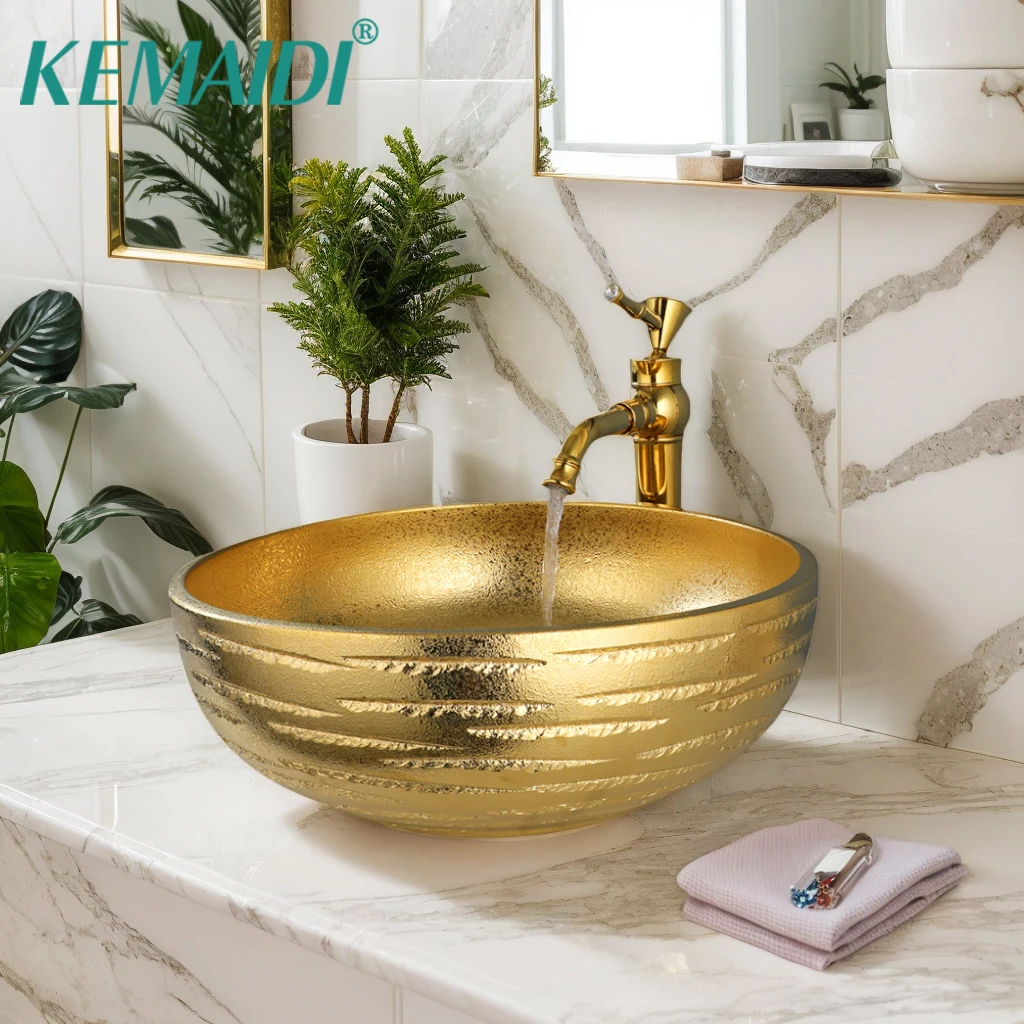 KEMAIDI Big Gold Vessel Sinks Bowl Mixer Gold Faucet Set Luxury 15.7