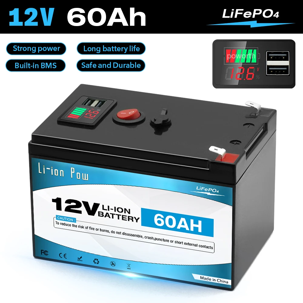 

LiFePO4 12V 60Ah Lithium Battery 4000+ Deep Cycles, for UPS, Kayak Fish Finder, Solar Panel, Power Wheels Toys, Scooter, Radio