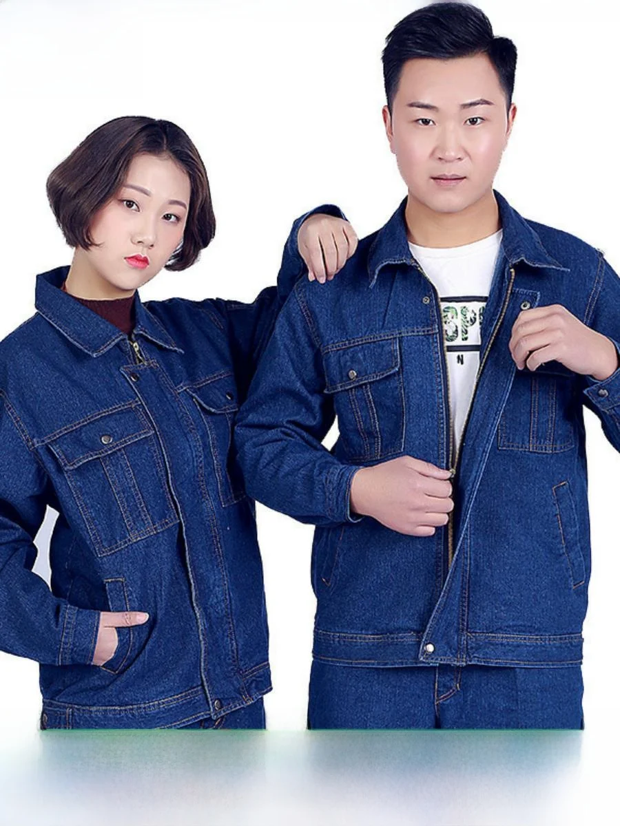 

Мужской комплект рабочей одежды из 100% хлопка с длинным рукавом: спецодежда для сварщиков и инженеров, джинсовая рабочая одежда с вышивкой, дышащая, для школы