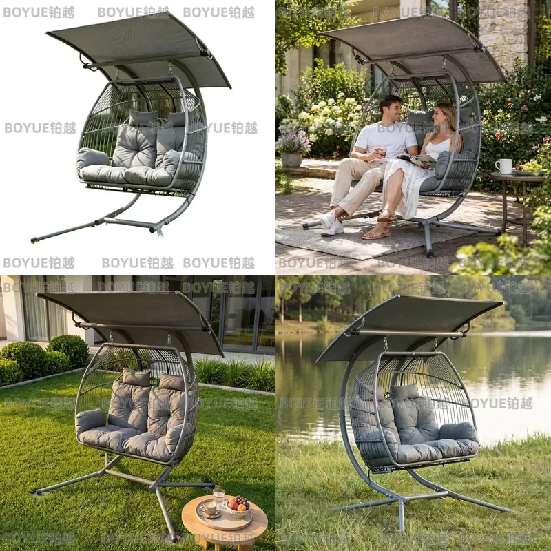 Wrought Iron Woven Double Hanging Basket Swing with Canopy Outdoor Sunshade Courtyard Rocking Chair for Leisure