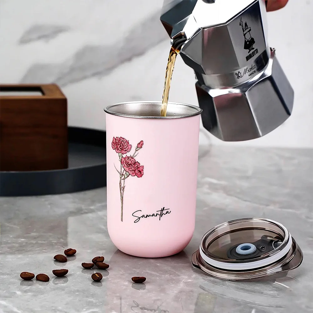 Personalized Birth Flower Coffee Tumbler, Custom Name Stainless Steel Travel Mug, Custom Floral Thermal Cup Gift For Women view 3