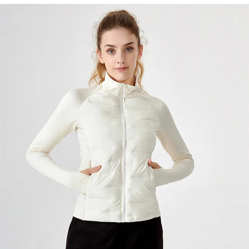 Light White Goose Down Jacket Long Sleeve Women Gym Yoga Fitness Slim Winter Coat Outdoor Cycling Sport Keep Warm Windproof Top