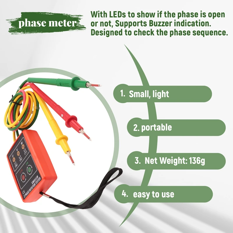 New 3 Phase Sequence Rotation Tester Indicator  Meter LED Buzzer With Portable Pouch TD-LED02