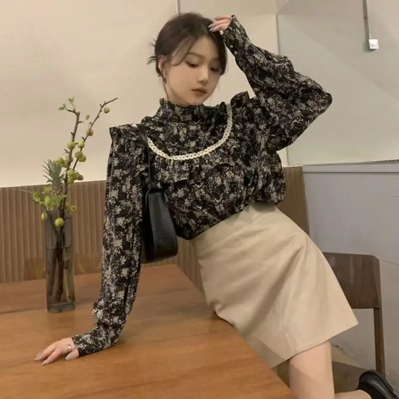 French Chiffon Floral Shirt Women Spring Autumn 2024 with Niche Design Sense Standing Collar Ear Splicing Shirt Floral Top