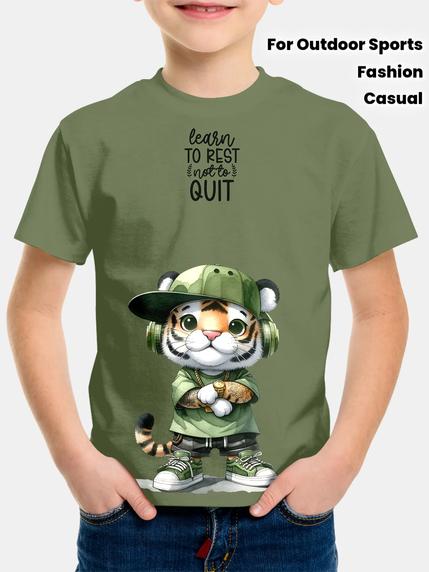 Boys Summer Short Sleeve T-shirt Cool Tiger Graphic Print Crew Neck Tee Soft Breathable Kids Youth Casual Top for Outdoor Sports