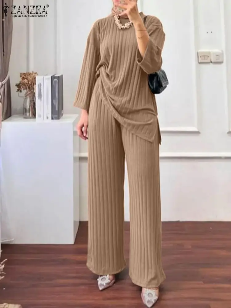 Fashion Autumn Tracksuits Women Muslim Sets Long Sleeve Blouse &Wide Leg Pants ZANZEA Casual Matching Sets Dubai Turkey Outfits