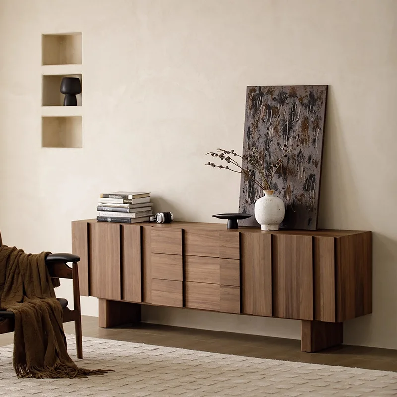 

Medieval solid wood veneer TV cabinet retro walnut color simple living room high floor cabinet