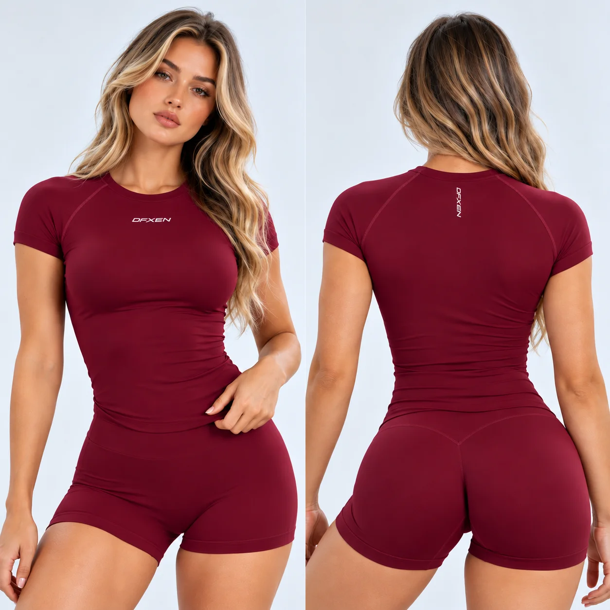 DFXEN Logo Women Seamless Workout Set Short Sleeve Crop Top High Waist Biker Shorts Fitness Gym Yoga Activewear Sports Set