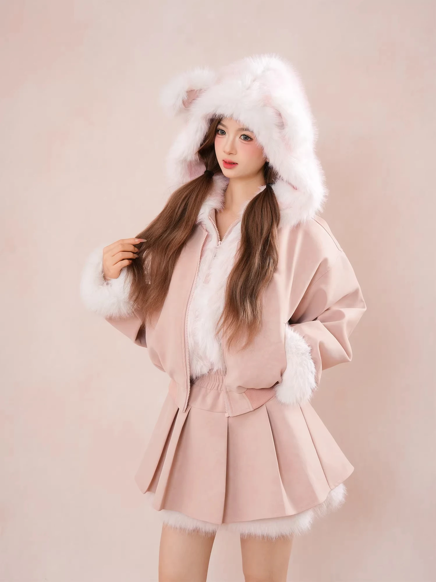 Autumn Winter Cute Women's Suit Small Fragrance Style Dog Ear Large Fur Collar Open Cardigan Hooded Jacket Half Skirt Two Pie...
