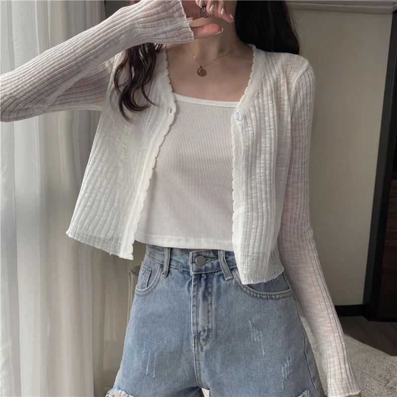 

Summer thin V-neck knitted cardigan women's short air-conditioned shirt with a shawl and ice silk sun protection jacket