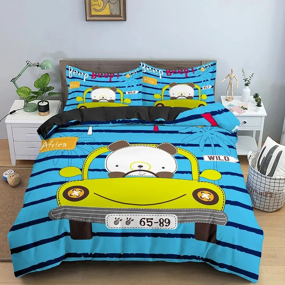 3D Print Cartoon Bear And Car Bedding Set Boys Girls Twin Queen Size Duvet Cover Pillowcase Bed Kids Adult Home Textiles