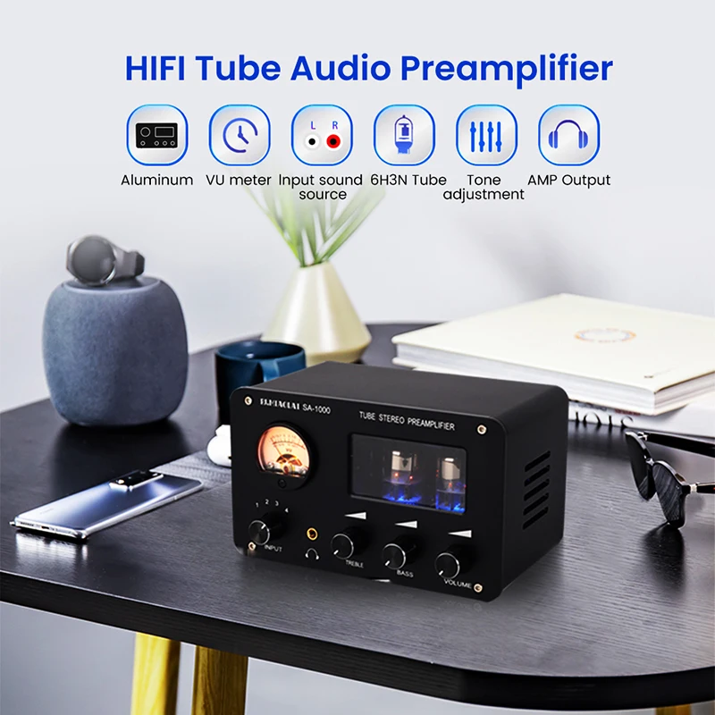 PJ. MIAOLAI SA-1000 preamplificatore a tubo HiFi 6 h3n amplificatore per cuffie tono tubo 4 ingressi 2 uscite Chip Ne5532 con Vu Meter