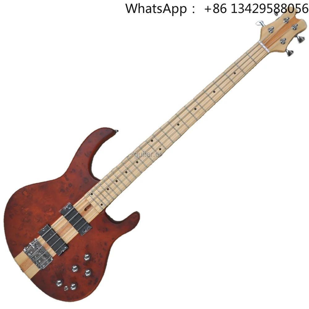 Flyoung Factory Custom Burl Maple Veneer Bass Neck Through Body Electric Bass 4-string Bass Guitar