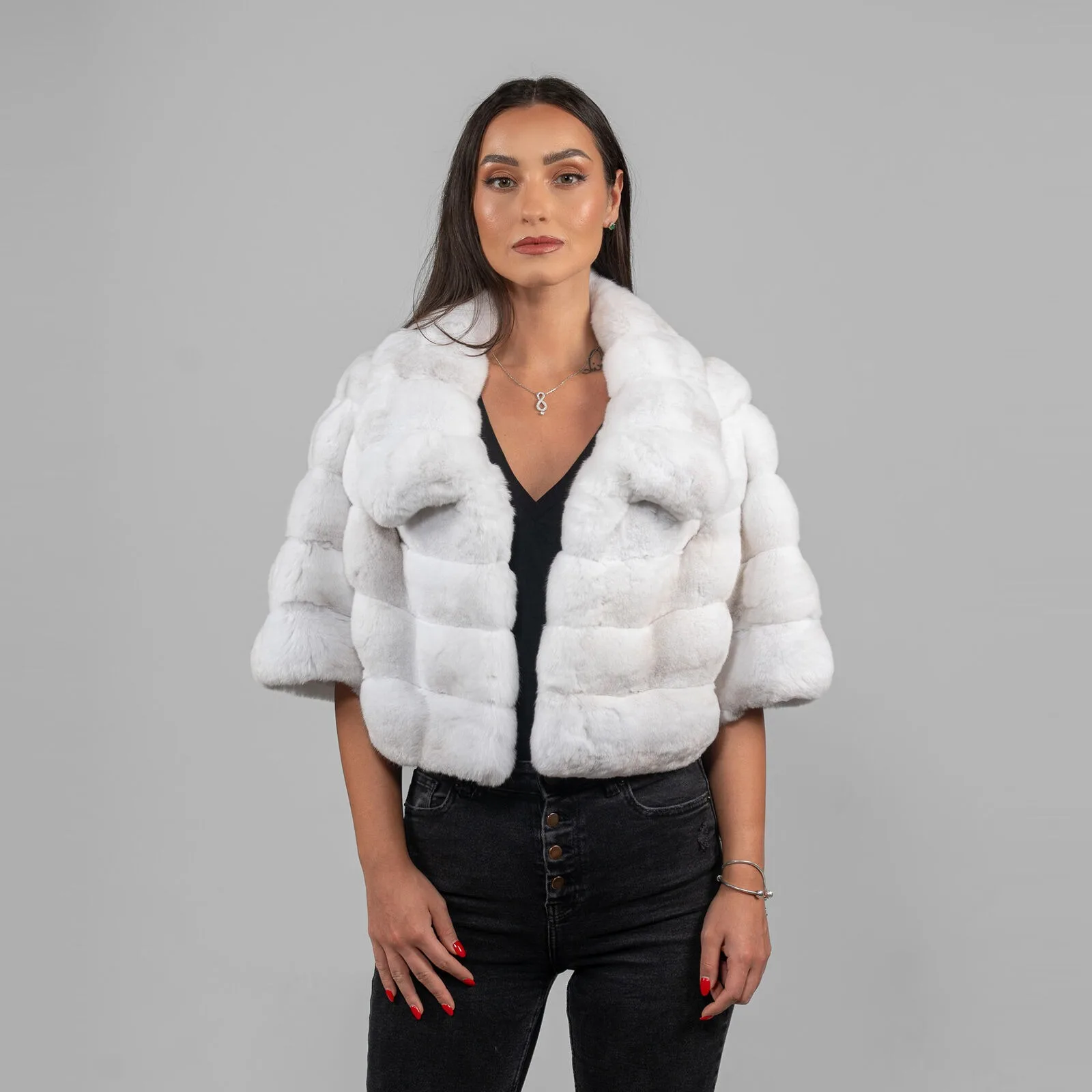 

Natural Rex Rabbit Fur Jacket Short Half Sleeve Fashion Chinchilla Fur Coat Fashion Outwear Women's Luxury Warm Winter Costume
