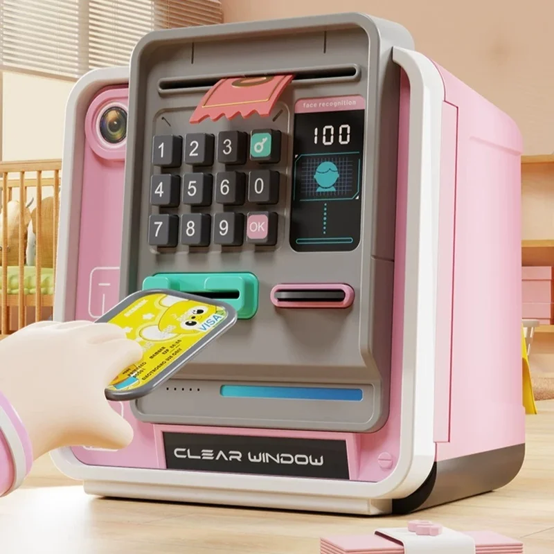 Clear Window Atm Piggy Bank Fingerprint Password Large Capacity Auto Roll Banknote Accept Coin Only Deposit For Personal Storage