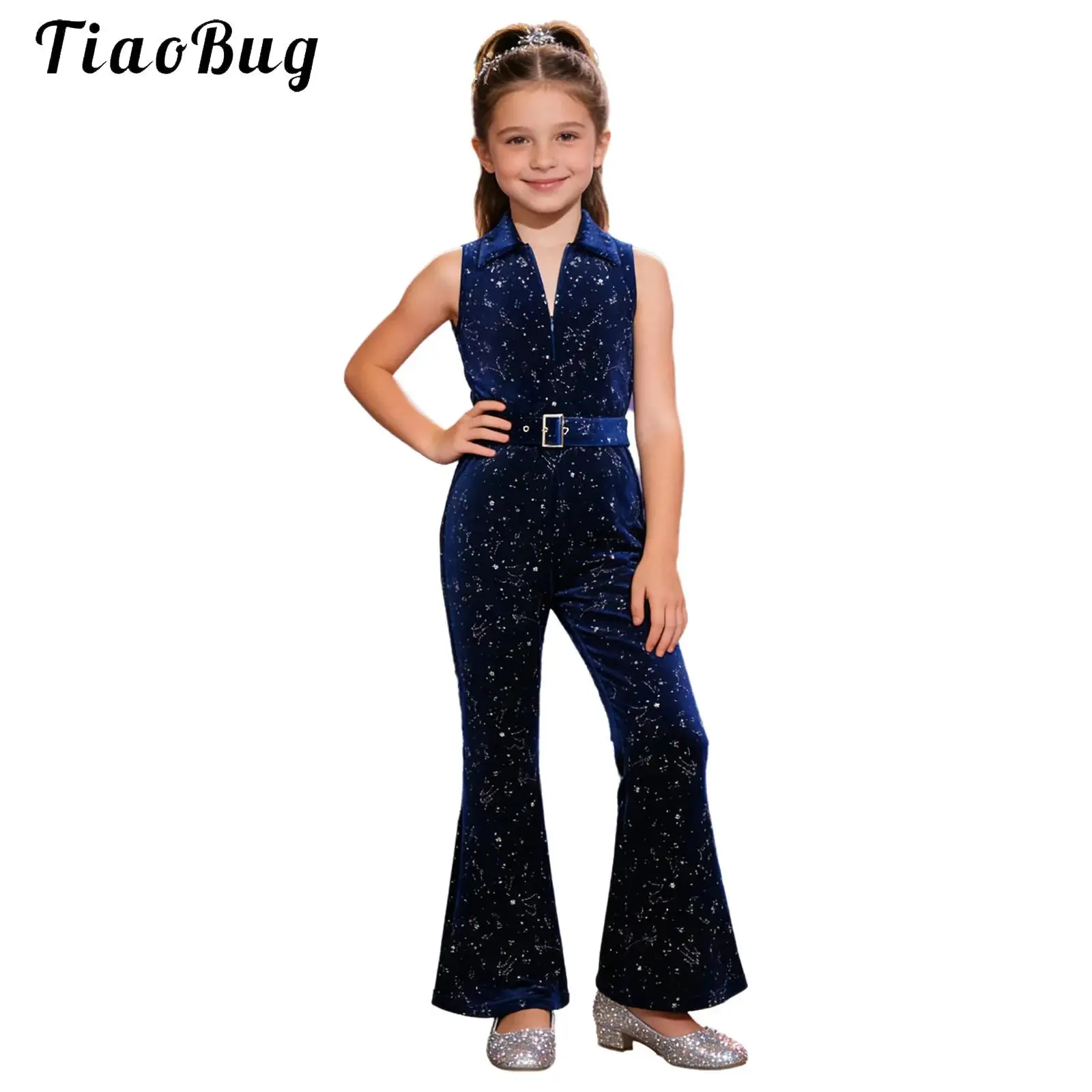 

Kids Girls Sparkly Velvet Jumpsuit Sleeveless Long Flare Pants with Waitbelt Child Formal Dinner Birthday Party Elegant Rompers