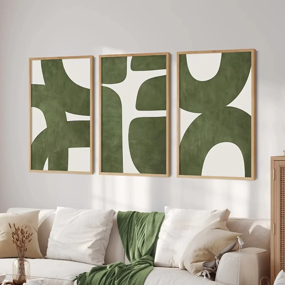 3Pcs Frameless Mid-century Modern Minimalist Green Abstract Prints,Fashion Theme Canvas Posters Living Room,Bedroom Wall Deco