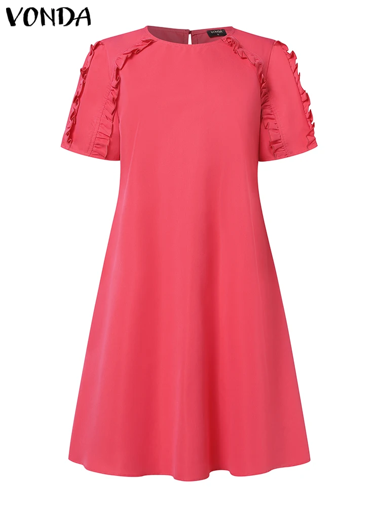 VONDA Fashion Elegant Women A-Line Dress Summer Mini Sundress 2024 Short Sleeve Casual Solid Color Robe Ruffled Beach Vestidos