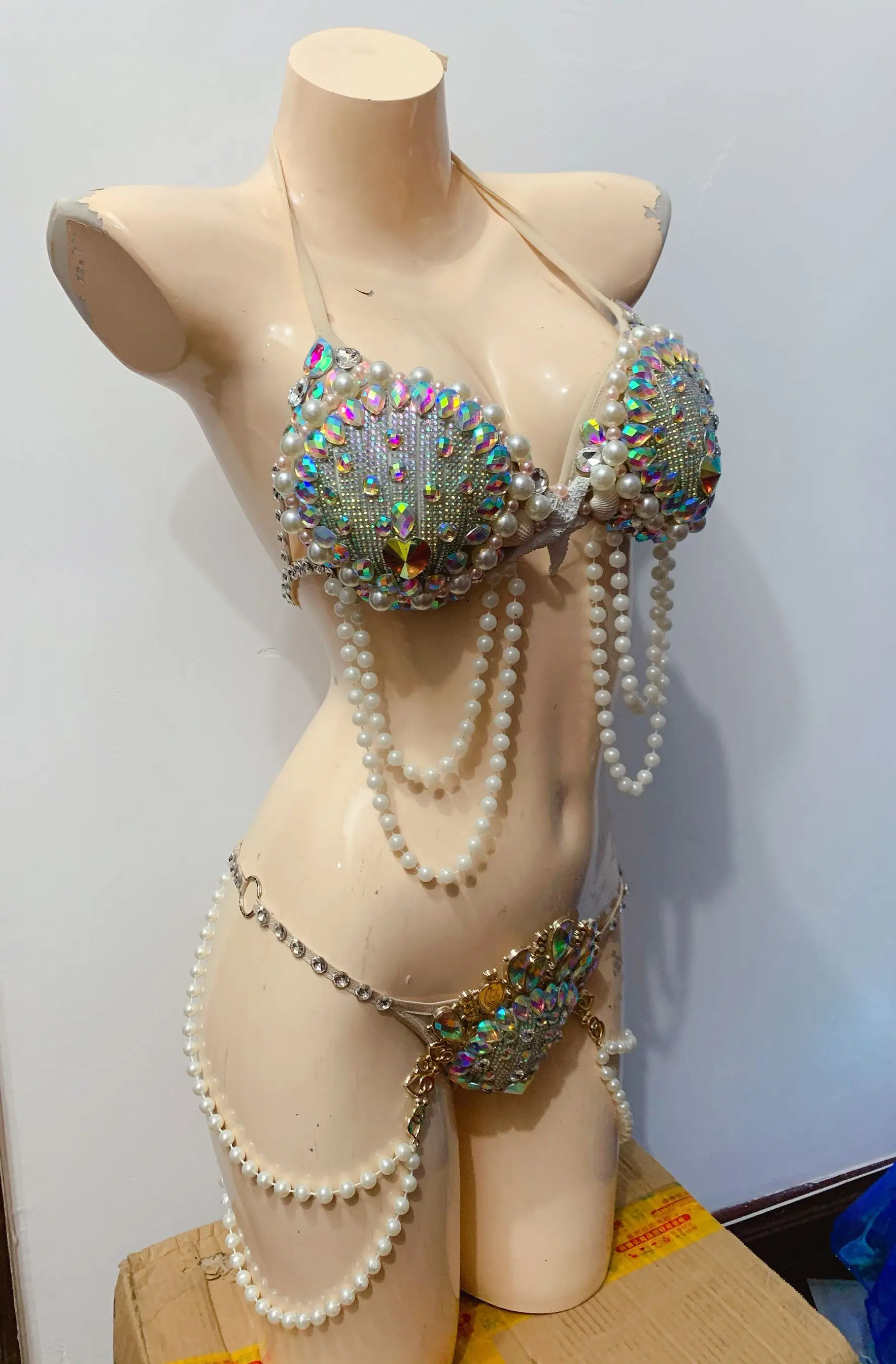 

Nightclub dj gogo sexy shell bikini costume party girl shiny pearl rhinestones belly dance costumes