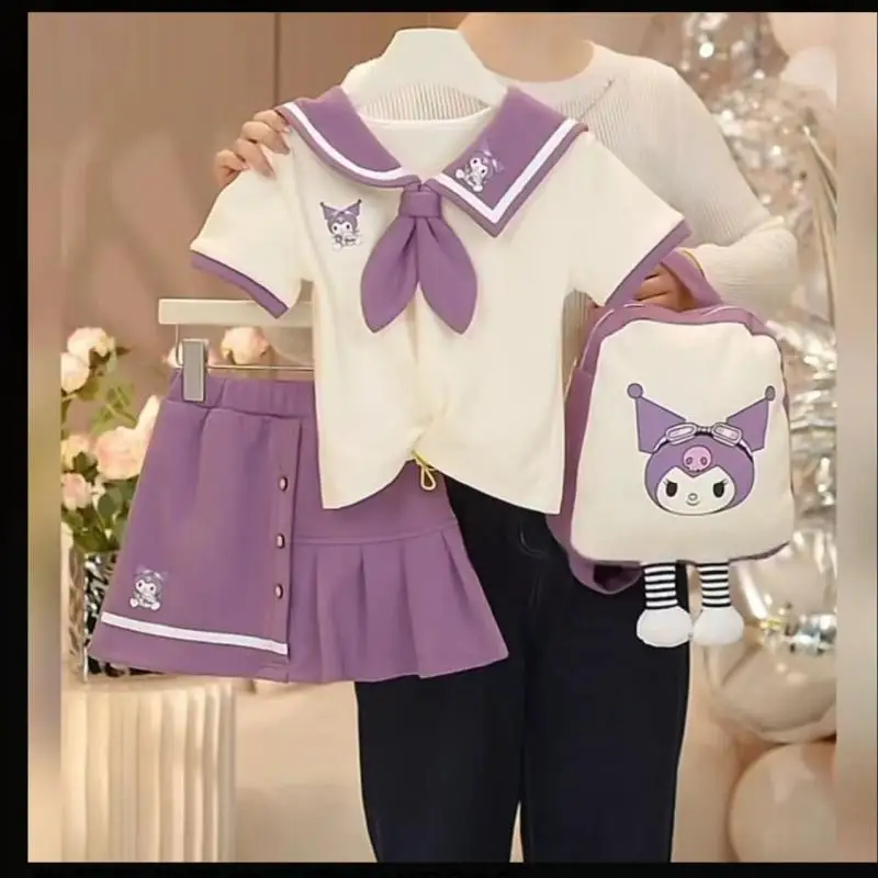 

Sanrio Girls Kawaii Short Sleeve 2Pcs Kuromi Children Summer New Style My Melody T-Shirt Student Cartoon Casual Summer Clothing
