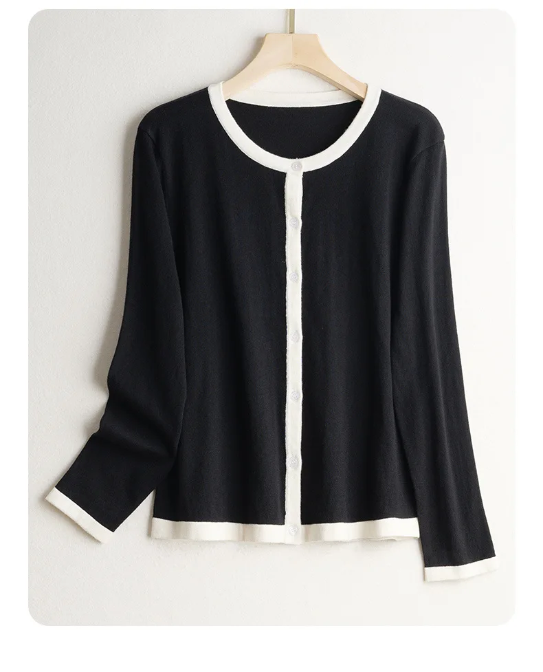 

Women's Fashion Autumn New Item 65% Natural Mulberry Silk Temperament Contrasting Color Round Neck Long Sleeved Cardigan