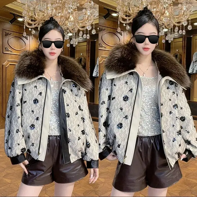 Jaet in pelle Thiened di lusso Faionable con colletto in pelliccia grande con fiori ricamati Cappotto caldo e casual per giovani...