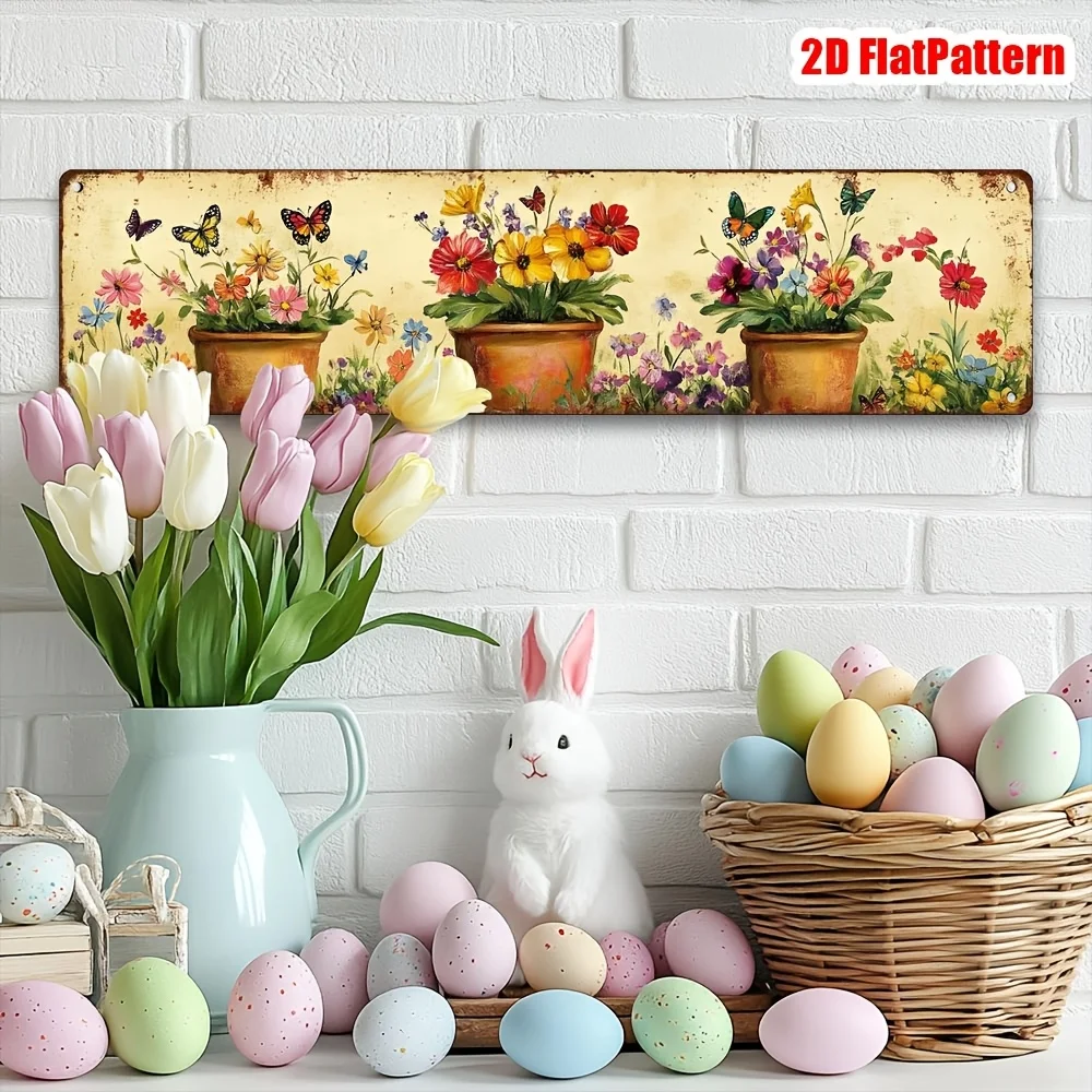 A Vintage Metal Sign, Iron Wall Decor, Featuring Potted Plants, Flowers, and Butterfly Designs, Suitable for Rustic Style