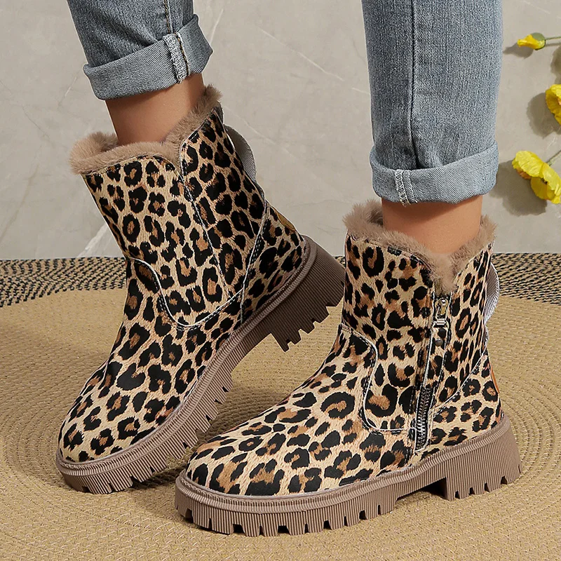 Moda Leopard Pattern Damskie buty za kostkę Boczny zamek błyskawiczny Grube pluszowe buty śniegowe Kobieta antypoślizgowa Ciepłe buty zimowe z