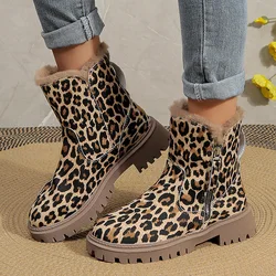 Moda Leopard Pattern Damskie buty za kostkę Boczny zamek błyskawiczny Grube pluszowe buty śniegowe Kobieta antypoślizgowa Ciepłe buty zimowe z podszewką futrzaną 2024