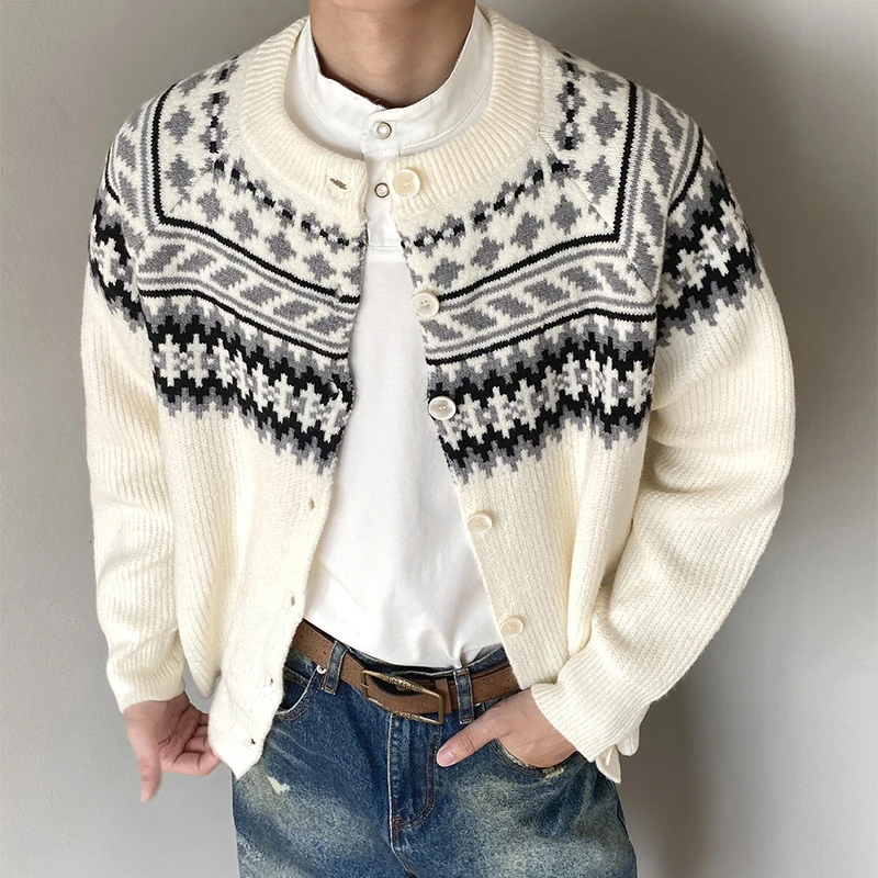 Streetwear Vintage Heren Sweaterjassen Herfst Winter Trendy Geometrische Trui Jas Jas Voor Mannen Casual O Hals Knop Vesten