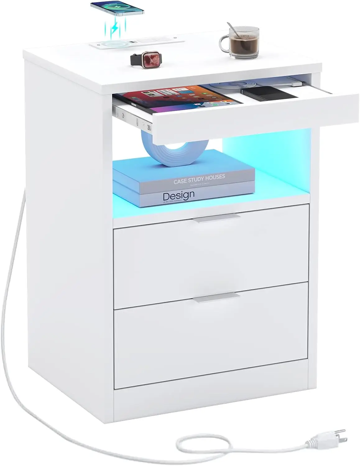 

LED Nightstand White Nightstand with Wireless Charging Station 2 Drawers, Modern Bedroom End Side Table with LED Lights