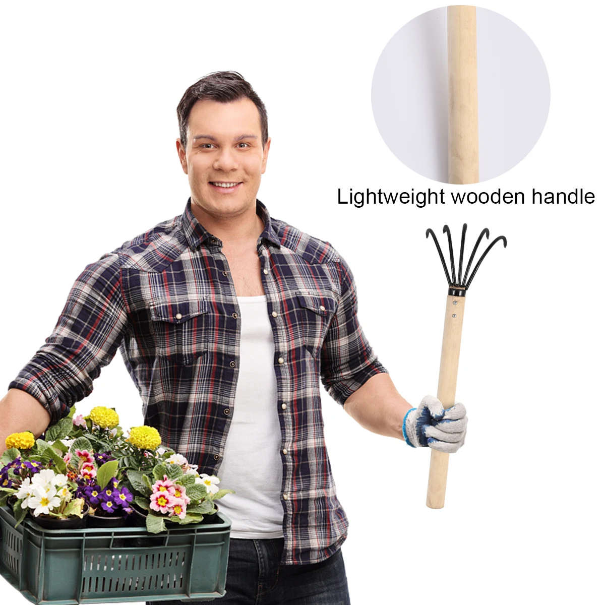 

Garden Rake Durable Iron Wood Sturdy Structure Sunlight Rain Resistant Five Teeth Cleaning Yard Beach Tool Small Beds Kids