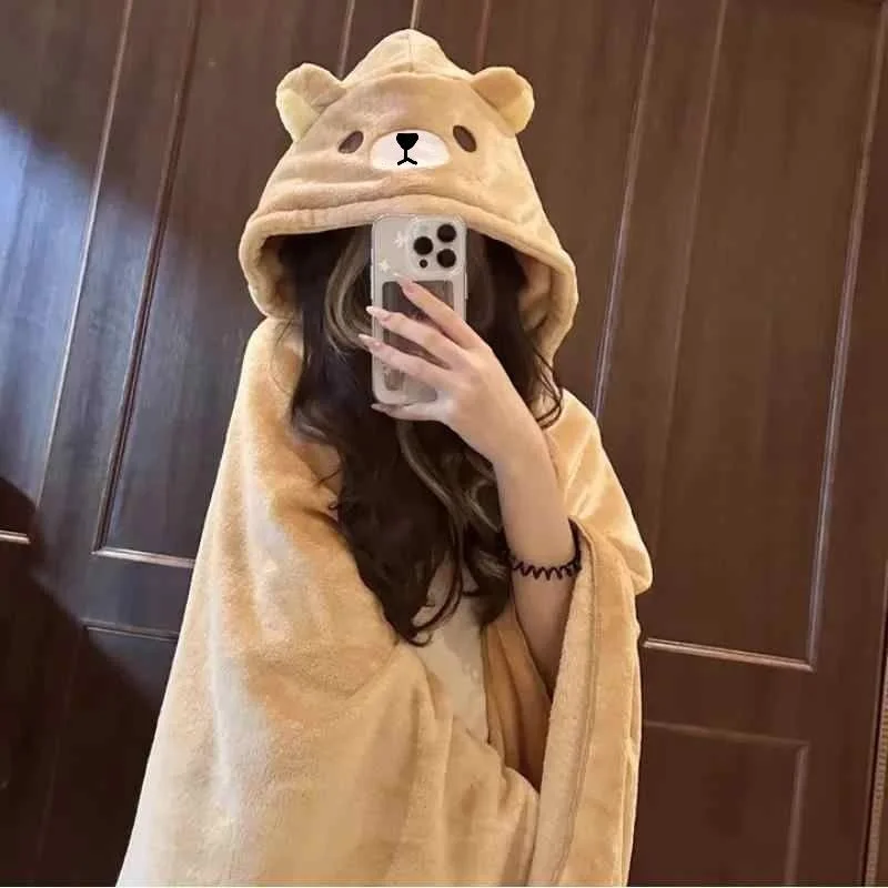 Rilakkuma Hooded Blanket Portable Cozy Nap Wearable Cape Shawl Office Home Travel Couch Soft Warm Cute Hooded Throw
