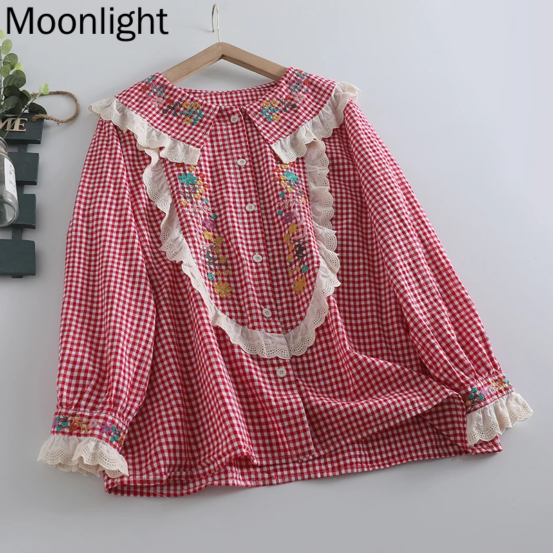 Embroidered Plaid Blouse Women Japanese Sweet Lace Peter Pan Collar Long Sleeves Single Breasted Shirt Autumn New Mori Girl Tops