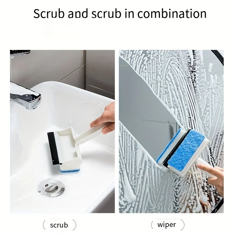 2-in-1 Bathroom Cleaning Brush Double-Sided Glass Scraper, Mirror Wiper, Multi-Functional Tile and Wall Cleaner, No Power Needed