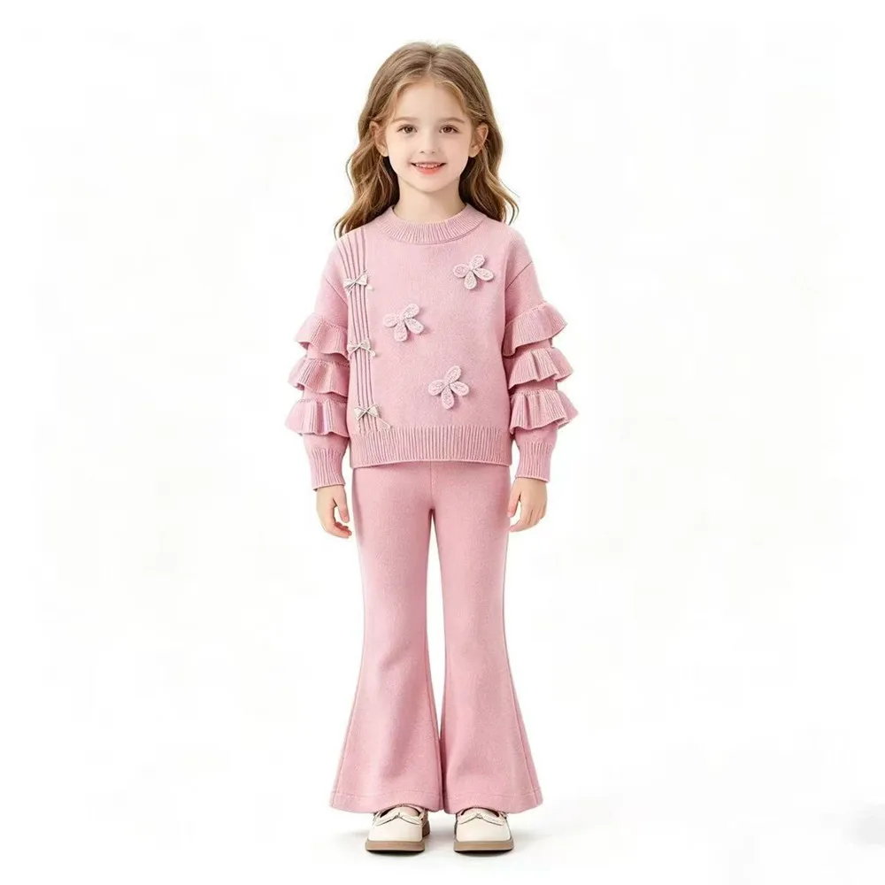 Korean Version Solid Color Girls' Two Piece Set Autumn/Winter New Toddler Girl Clothes Bow Knitted Long Sleeve Sweater + Pants