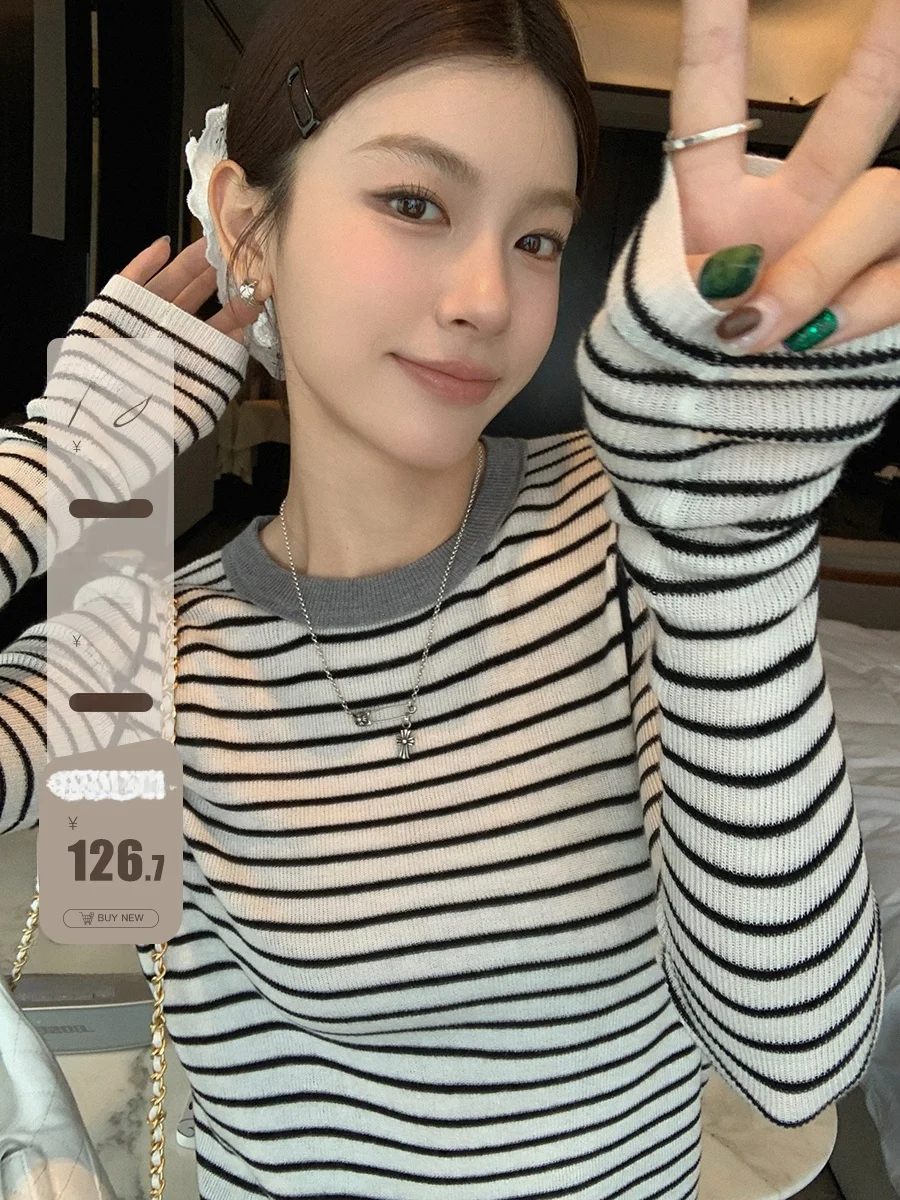 

Ibell Zhang Classic Retro Color Blo Ne Knitted Sweater Women Silk Wool Long Sve round Ne Stripe T Top