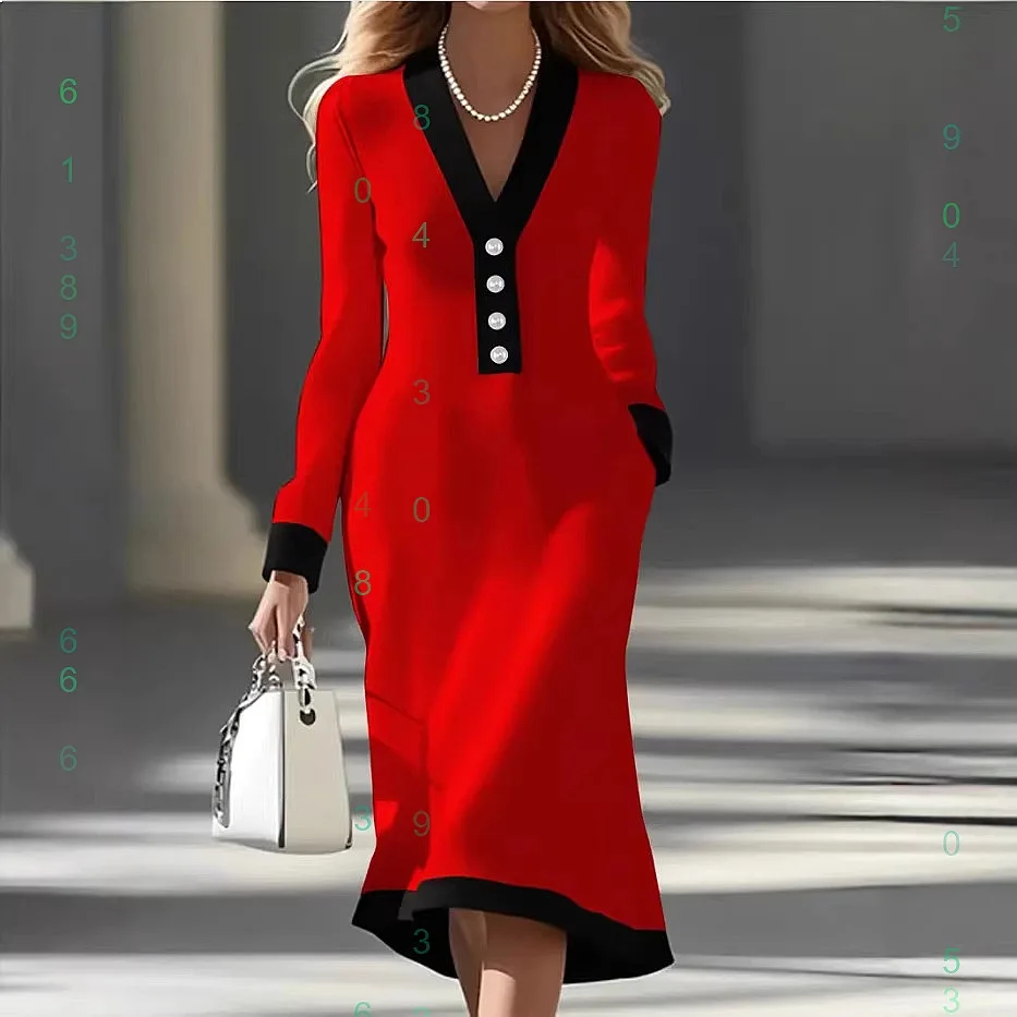 

Elegant Color Block V Neck Midi Dress Casual Office Spring Summer Dresses Women Fashion