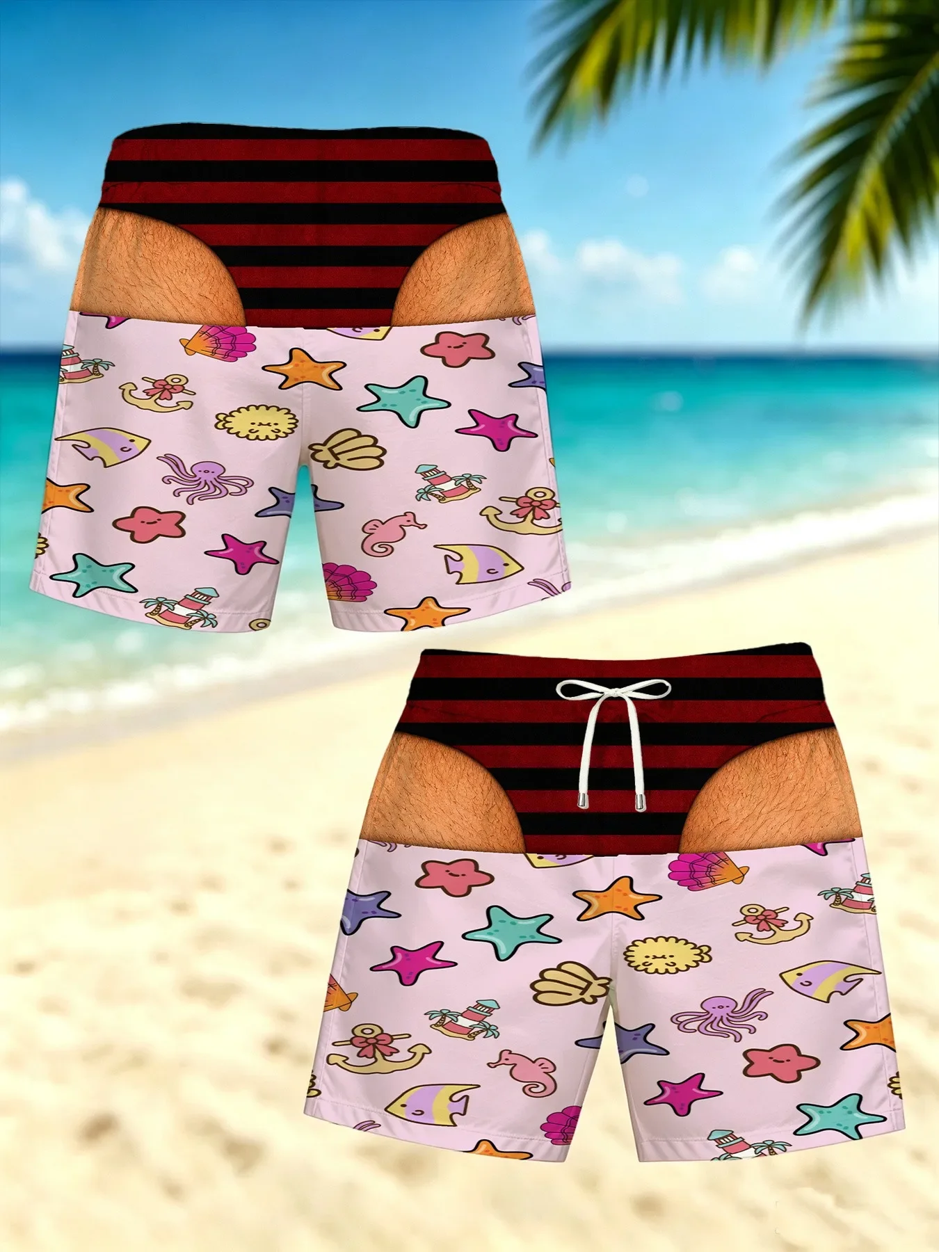 Funny Fake Striped Bikini Waist Men Swim Trunks Vintage Floral Print Quick Dry Beach Shorts Gag Gift