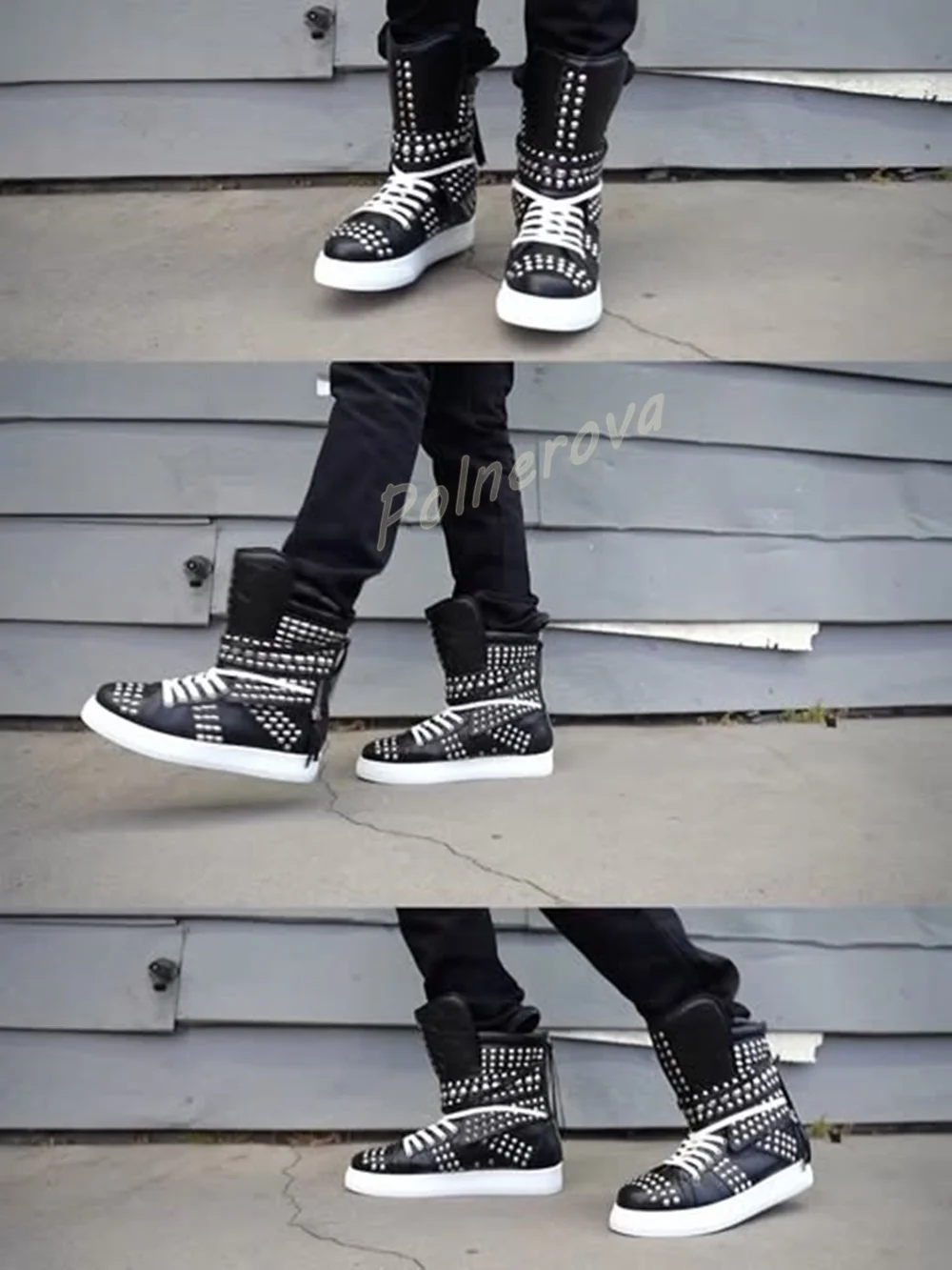 Rivet Platform High Top Sneaker Boots Full Silver Studded Lace Up Side Zip White Sole Shoes Women Punk Y2K Streetwear Shoes