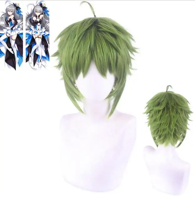 Men Synthetic Green Short Wavy Wig Cosplay Anime Costume Boy Fake Hair Cosplay Wig for Halloween Party Dakimakura Pillow Case