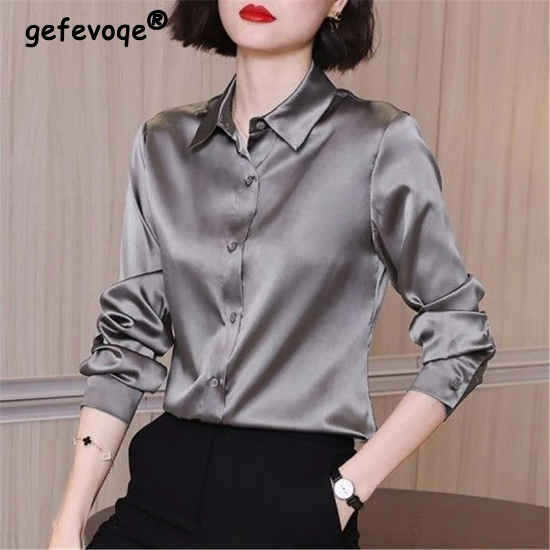 High Quality Satin Elegant Luxury Designer Office Lady Commute Button Up Shirt Fashion Long Sleeve Tops Blouses Women\'s Clothing