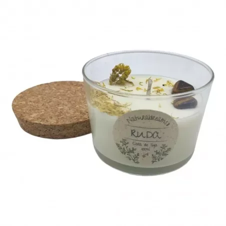 Vadeincienso 100% Natural Ruda Soy Wax Candle 125g, handmade eco-friendly candle with intense herbal aroma for stress relief and negativity removal, in a recyclable glass jar with cork lid. Perfect scented candle for a soothing atmosphere.