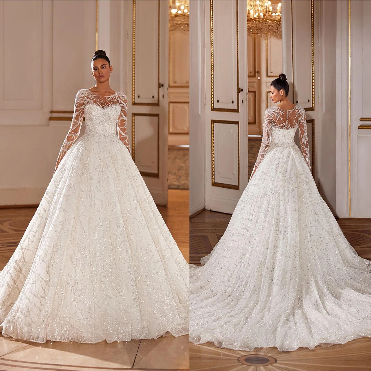 Ball Gown Wedding Dresses Long Sleeves V Neck Sequins Appliques Ruffles 3D Lace Zipper Beads Bridal Gowns Vestina De Novia