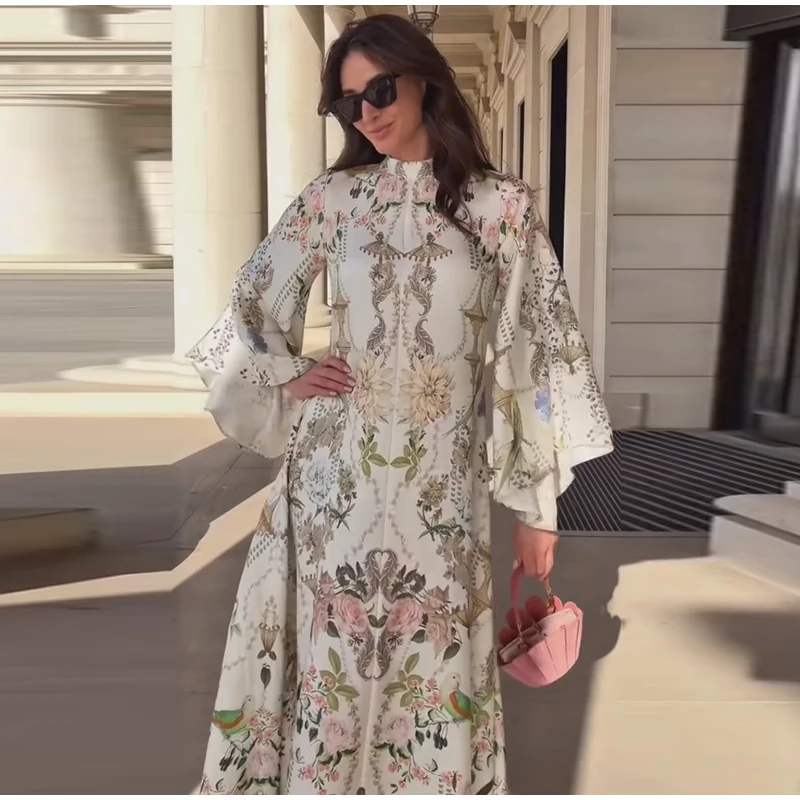 Printed Women's Maxi Dresses O-neck Big Swing Oversized Dress Irregular Hem Dresses Bohemian Female Robes Loose Partywear New
