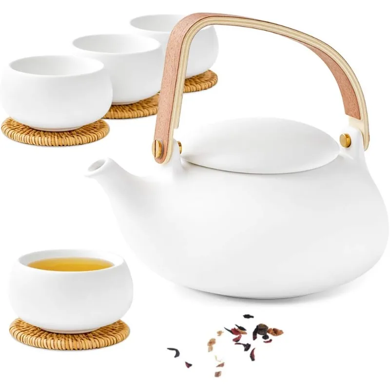 

Modern Japanese Tea Set, 27 oz Ceramic Japanese Teapot with Fine Stainers and 4 Cups for Loose Leaf Tea Steeper