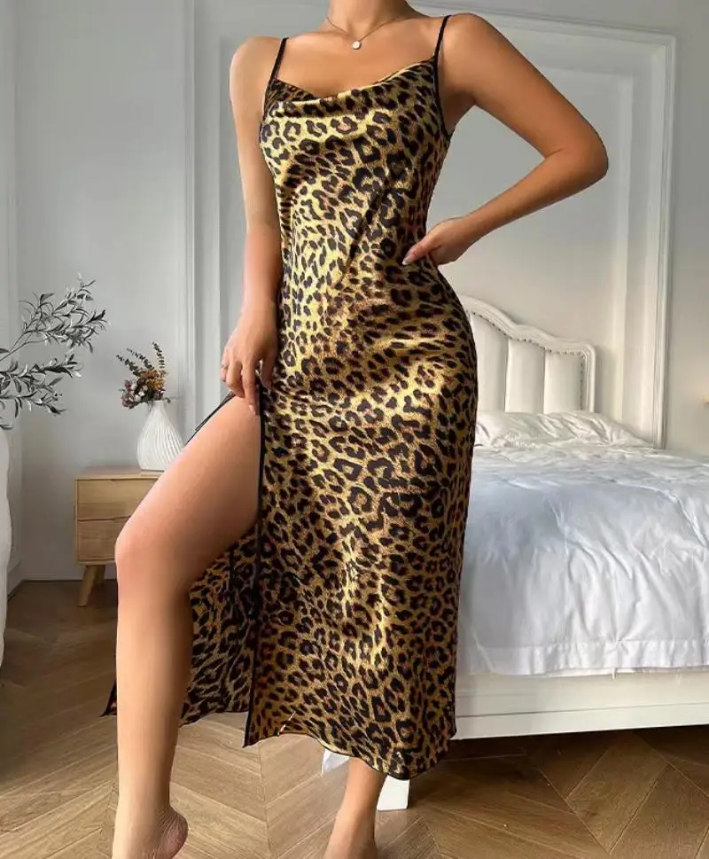 Sexy Leopard Backless Dress Summer Women Sleepwear Long Spaghetti Strap Dress High Split Home Dressing Gown Nightwear