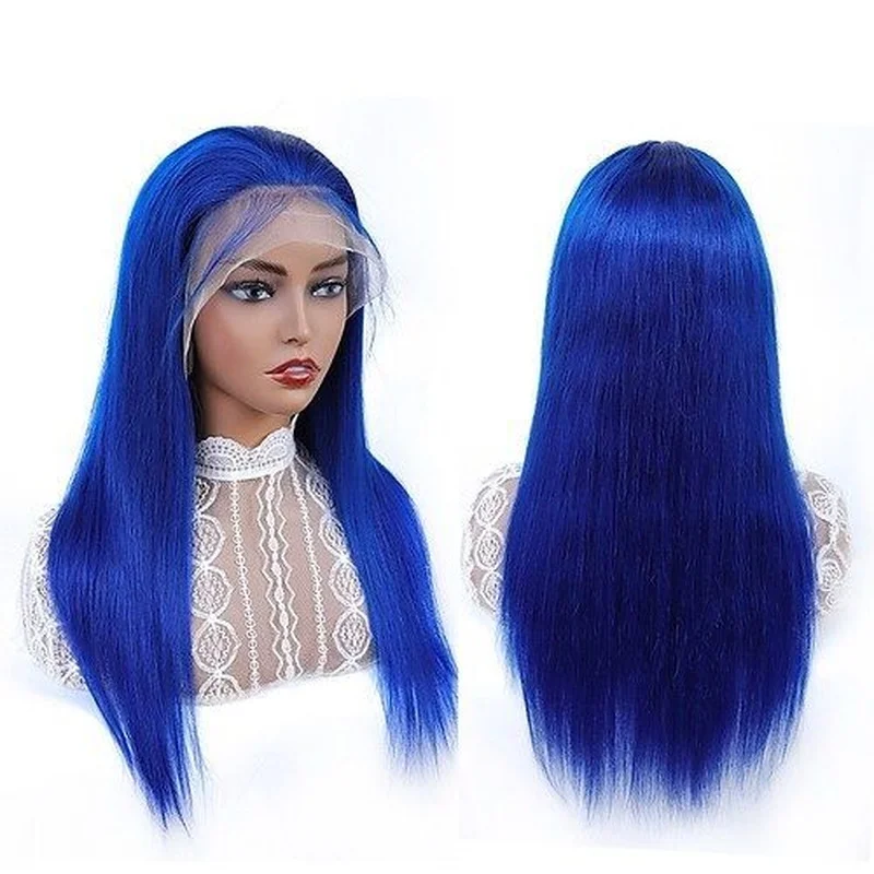 Long Dark Blue Straight T Part Lace Front  Human Hair Wig Pre Plucked Women