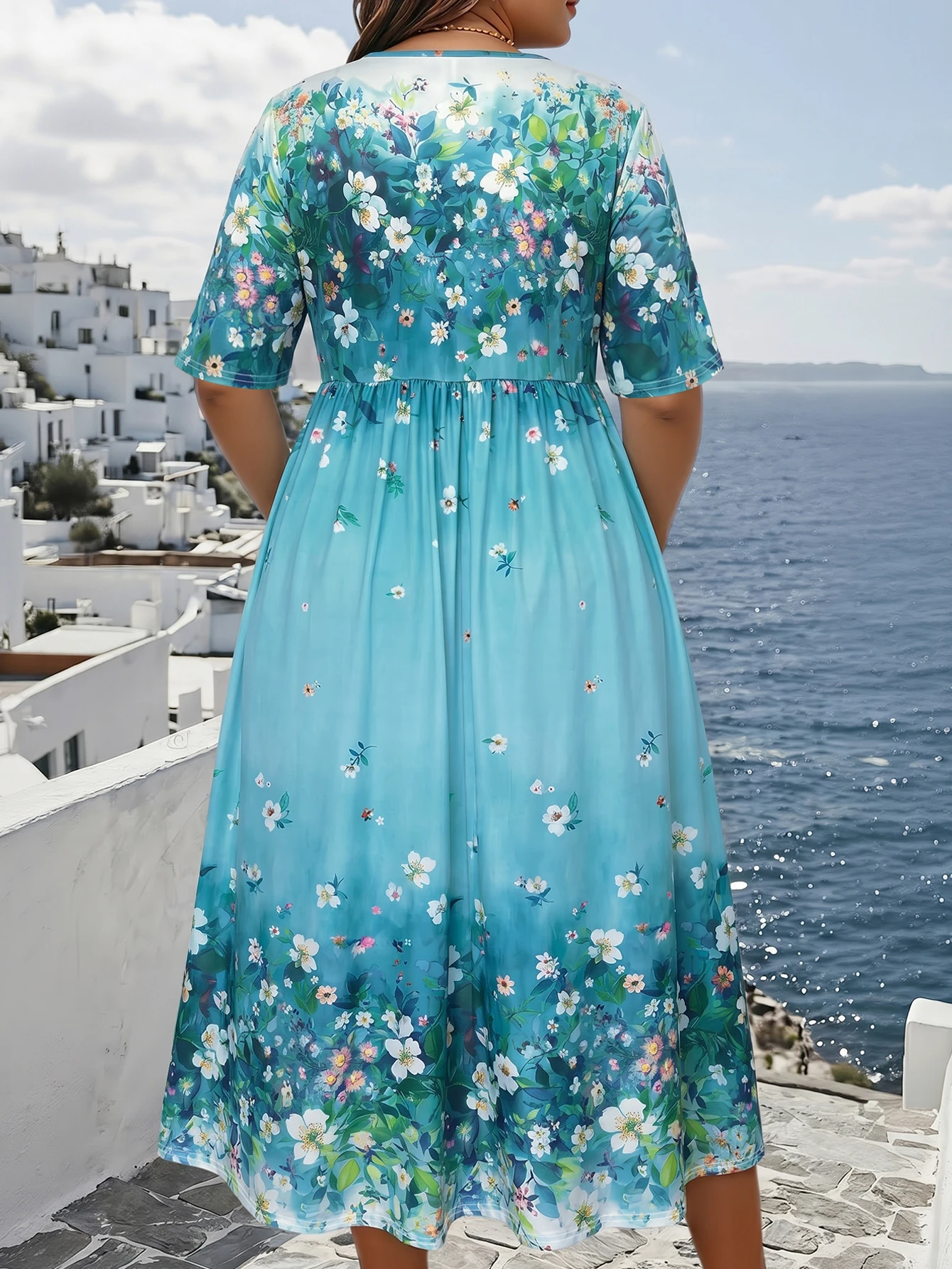 Übergröße Farbverlauf Blumenmuster Babydoll Midikleid Rundhals Halber Ärmel Tasche Kurvig Strandkleid für den Alltag – Detail 3